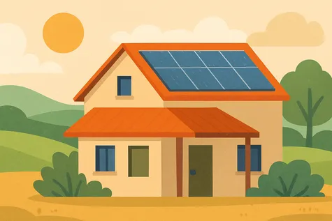 Casa rural con paneles solares en el tejado, rodeada de colinas y naturaleza