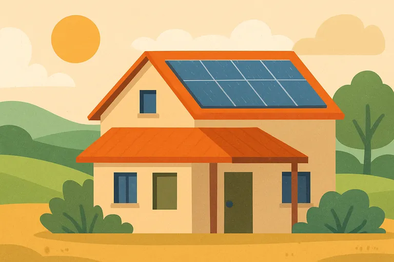 Casa rural con paneles solares en el tejado, rodeada de colinas y naturaleza