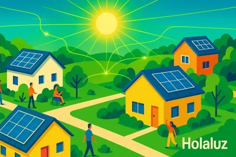 Ilustración de un barrio residencial con placas solares en todos los tejados, conectados por líneas de energía, simbolizando la "Revolución de los Tejados" de Holaluz.