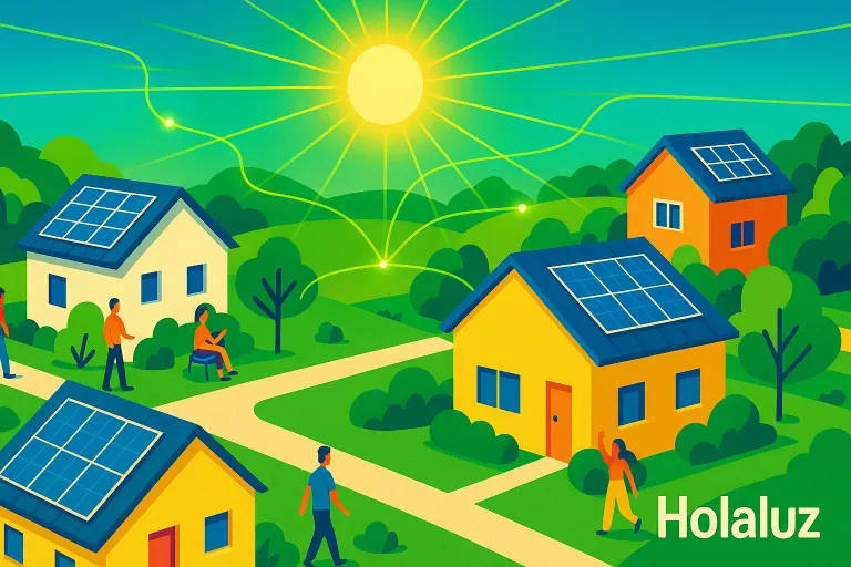 autoconsumo-holaluz Ilustración de un barrio residencial con placas solares en todos los tejados, conectados por líneas de energía, simbolizando la "Revolución de los Tejados" de Holaluz.