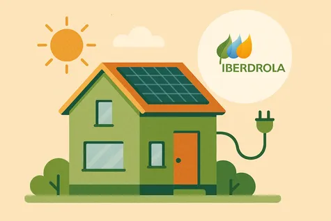 Casa verde con paneles solares, enchufe conectado y logotipo de Iberdrola, simbolizando autoconsumo energético bajo el sol.