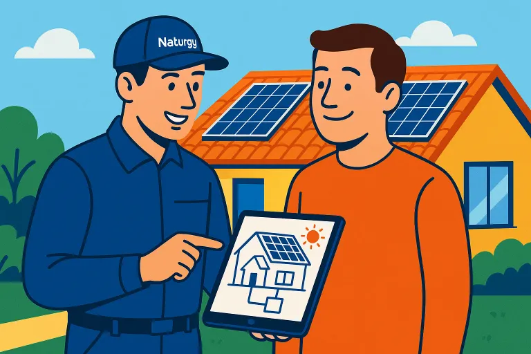 autoconsumo-naturgy Ilustración de un técnico de Naturgy mostrando una tablet con el proyecto solar a un cliente, con la casa y las placas instaladas de fondo, simbolizando un servicio llave en mano.
