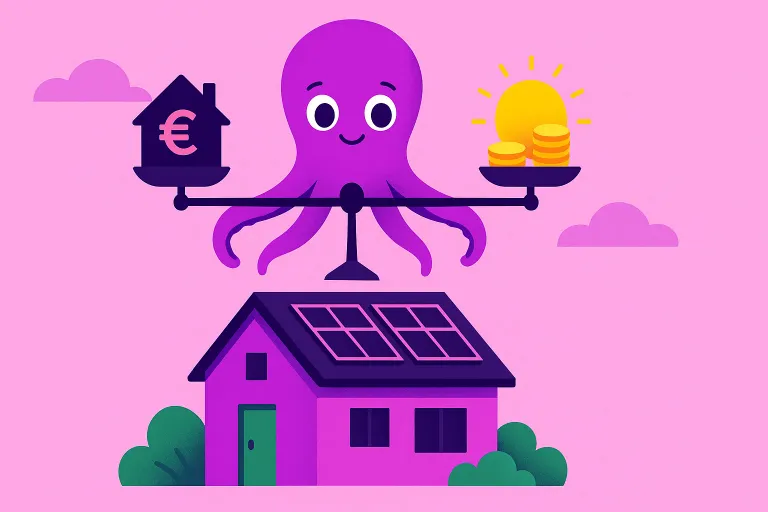 autoconsumo-octopus-energy Ilustración del pulpo de Octopus Energy sosteniendo una balanza donde el ahorro de las placas solares equilibra el coste de la instalación, simbolizando su financiación "Octopoco".