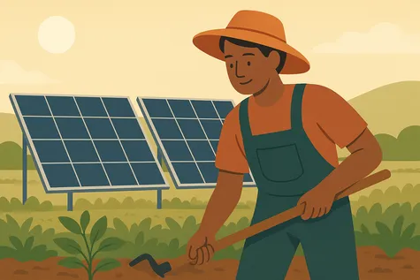 Agricultor trabajando el campo con paneles solares de fondo en un entorno rural soleado