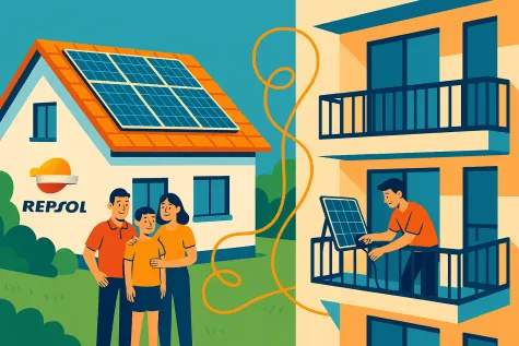 Ilustración comparativa del autoconsumo de Repsol: una casa con placas en el tejado y un piso con un kit solar en el balcón.
