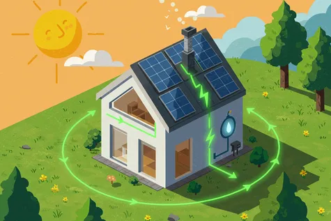 Ilustración de una casa pasiva eficiente con placas solares, donde la energía generada por el sol forma un ciclo perfecto para autoabastecer el bajo consumo del hogar.