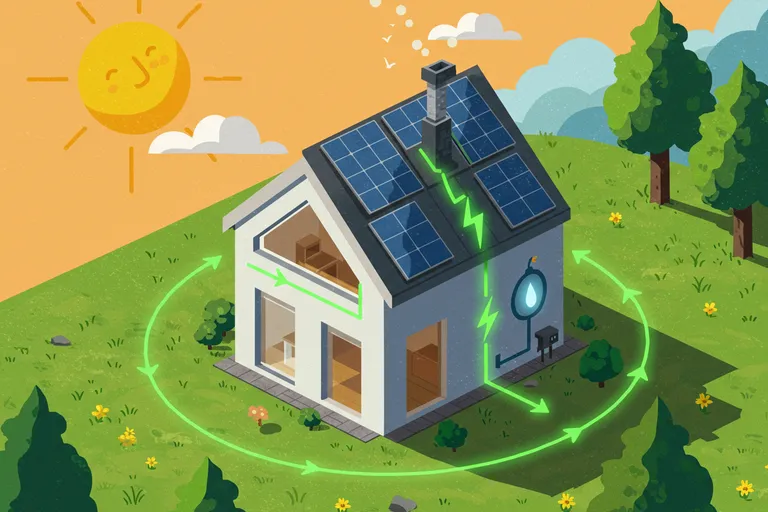 autoconsumo-solar-casas-pasivas Ilustración de una casa pasiva eficiente con placas solares, donde la energía generada por el sol forma un ciclo perfecto para autoabastecer el bajo consumo del hogar.