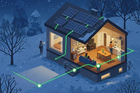 Ilustración de una casa con placas solares en invierno, mostrando cómo la energía solar abastece el interior cálido y confortable, simbolizando el autoconsumo invernal.