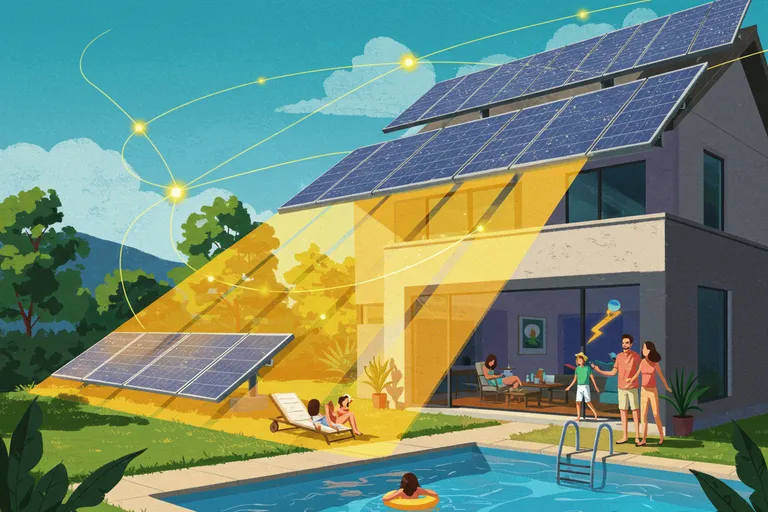autoconsumo-solar-verano Ilustración de una familia disfrutando de su piscina, que funciona con la energía de las placas solares del tejado, simbolizando el autoconsumo en verano.