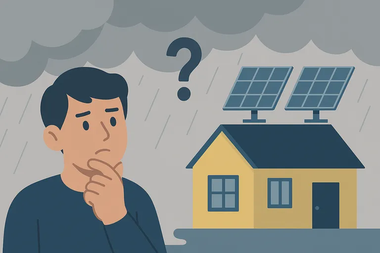 Hombre pensativo bajo un cielo nublado y lluvioso frente a una casa con paneles solares, simbolizando la duda sobre la generación de energía solar sin sol