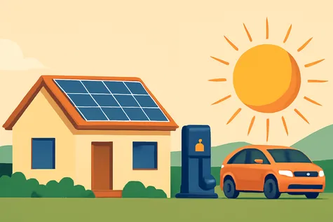 Ilustración digital de autoconsumo solar en España, mostrando una casa con paneles solares, una estación de carga para coche eléctrico y un vehículo eléctrico, todo en un entorno natural, con un sol brillante y cielo despejado, representando las tendencias de energía solar y sostenibilidad.