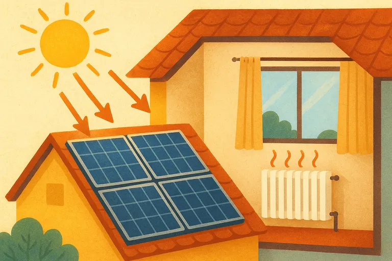calefaccion-placas-solares Paneles solares en el tejado de una casa captan energía solar para alimentar la calefacción interior.