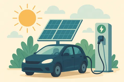 Coche eléctrico cargando con energía solar bajo el sol, conectado a estación de carga ecológica en un entorno natural