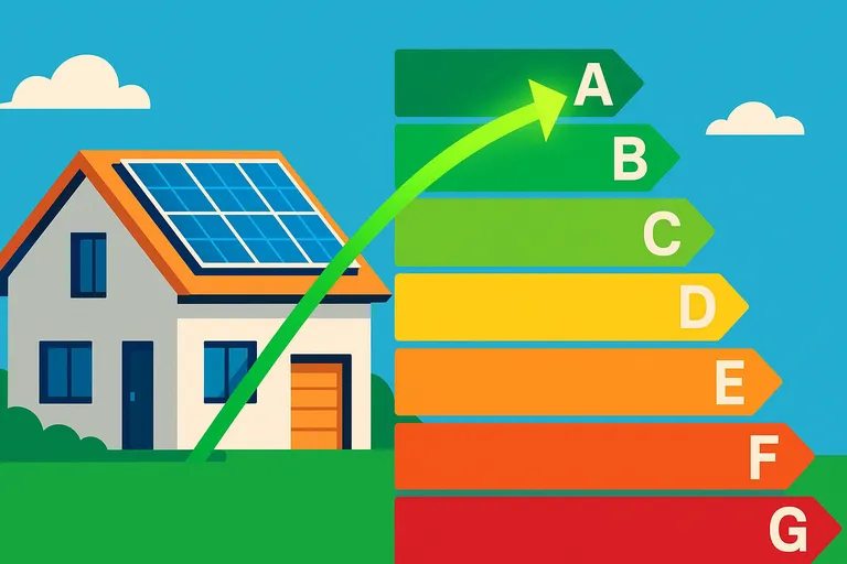 certificado-eficiencia-energetica-autoconsumo Ilustración conceptual donde la energía de las placas solares de una casa mejora su certificado de eficiencia energética, moviendo el indicador de la letra E a la B.