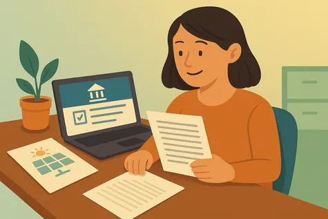 Mujer revisando documentos fiscales de autoconsumo solar con web institucional en pantalla.