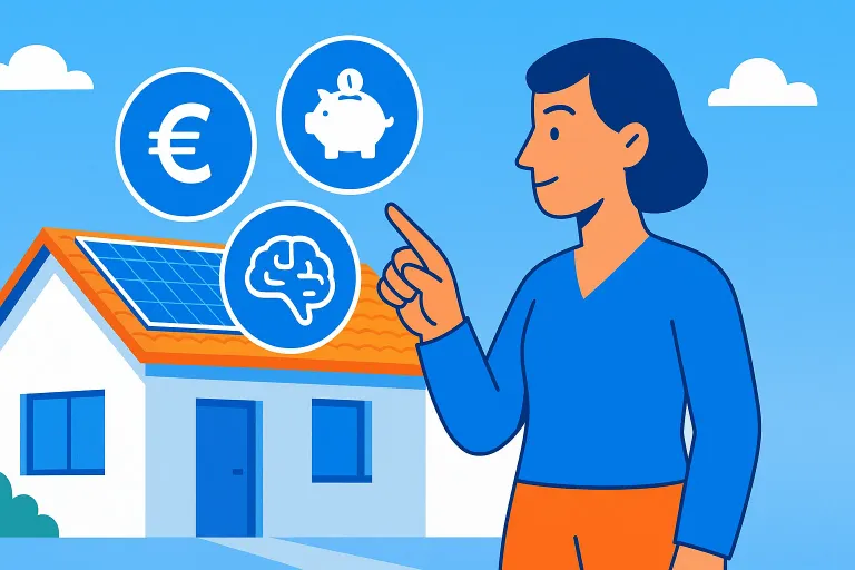 excedentes-endesa Ilustración de una persona eligiendo entre diferentes iconos que representan las tarifas solares de Endesa, simbolizando la flexibilidad de su oferta de autoconsumo.