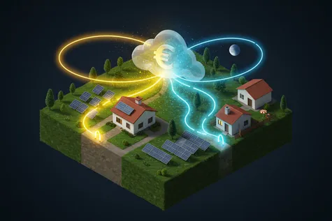 Ilustración conceptual de la batería virtual Solar Cloud de Iberdrola, donde la energía sobrante de una casa se almacena en una nube para pagar facturas de luz nocturnas o de una segunda residencia.