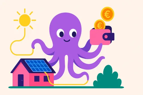 Ilustración del pulpo de Octopus Energy guardando el valor de los excedentes solares en una cartera virtual (Solar Wallet), simbolizando su sistema de compensación.