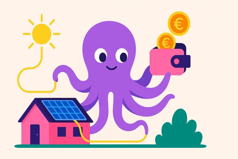 excedentes-octopus Ilustración del pulpo de Octopus Energy guardando el valor de los excedentes solares en una cartera virtual (Solar Wallet), simbolizando su sistema de compensación.