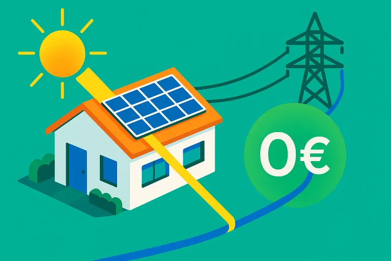 excedentes-plenitude Ilustración conceptual de Plenitude Solar Free, donde una casa con placas solares envía excedentes a la red y recibe a cambio energía de consumo a coste cero.