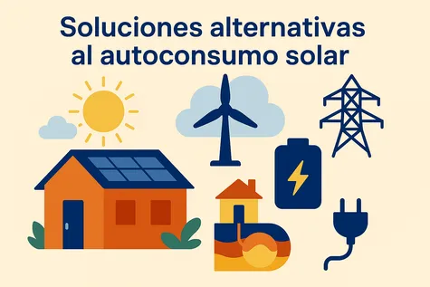 Ilustración de alternativas al autoconsumo solar eólica, geotermia, biomasa, baterías y energía verde