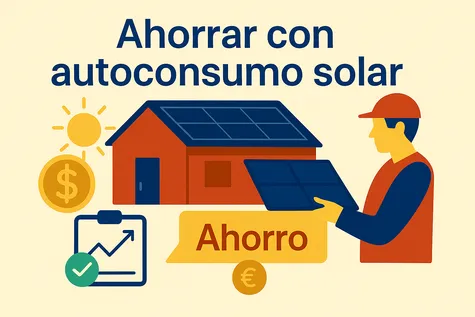Ilustración de una casa con paneles solares y símbolos de ahorro económico por autoconsumo solar