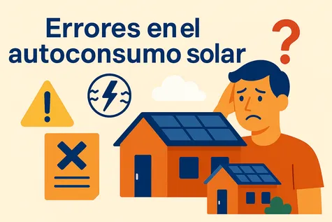 Imagen que muestra errores comunes en el autoconsumo solar, con un hombre confundido y una casa solar