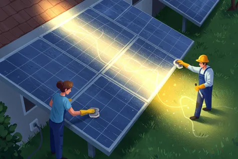 Ilustración de dos personas limpiando un panel solar en un tejado, mostrando cómo un panel limpio produce más energía que uno sucio.