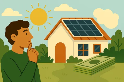 Persona pensando frente a casa con paneles solares y billetes, evaluando opciones de autoconsumo bajo un sol brillante.