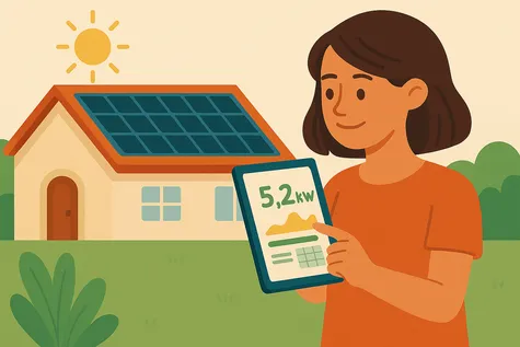 Mujer con tablet en jardín observa datos solares, con casa al fondo equipada con placas solares y puerta visible.