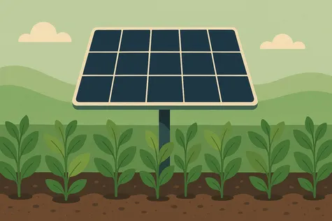 Panel solar elevado sobre cultivos en campo verde con fondo de colinas y cielo claro.