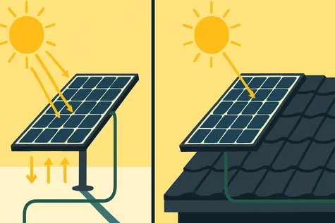Ilustración comparativa de una placa solar bifacial: en una superficie blanca produce mucha energía por ambas caras, mientras que en un tejado oscuro apenas aprovecha la cara inferior.