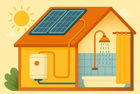 Sistema solar térmico en casa para calentar agua, con paneles solares conectados a calentador y ducha