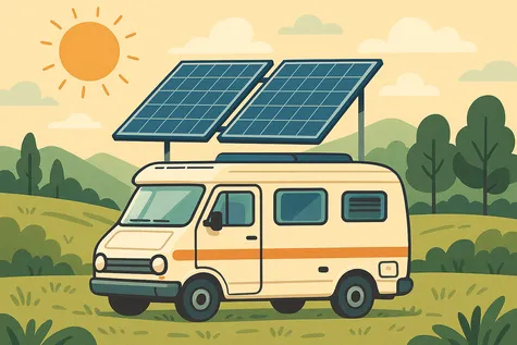 Furgoneta camper con paneles solares desplegados en un entorno natural soleado y montañoso.