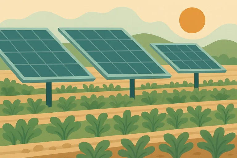 Paneles solares elevados sobre cultivos en un campo agrícola al atardecer, ilustrando agrovoltaica.