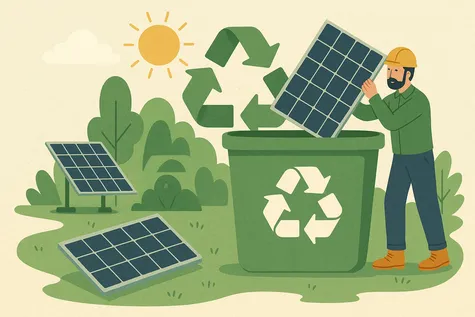 Técnico reciclando panel solar usado en contenedor verde con símbolo de reciclaje, bajo el sol en un entorno natural.