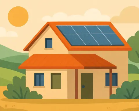 Casa rural con paneles solares en el tejado, rodeada de colinas y naturaleza