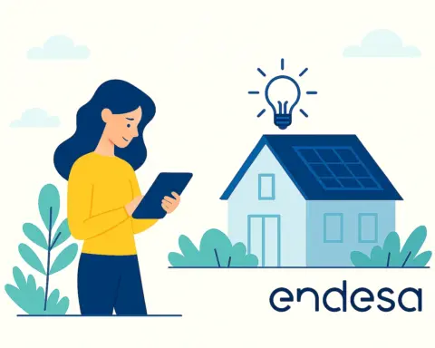 Mujer con tablet frente a casa con paneles solares, bombilla encendida y logotipo de Endesa, representando autoconsumo inteligente.