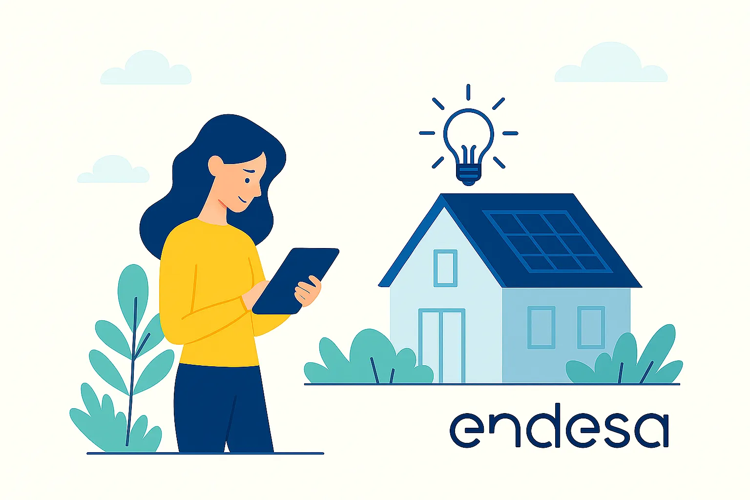 Mujer con tablet frente a casa con paneles solares, bombilla encendida y logotipo de Endesa, representando autoconsumo inteligente.