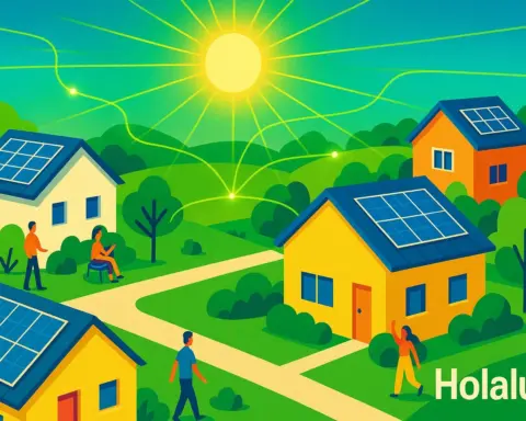 Ilustración de un barrio residencial con placas solares en todos los tejados, conectados por líneas de energía, simbolizando la "Revolución de los Tejados" de Holaluz.
