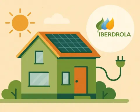 Casa verde con paneles solares, enchufe conectado y logotipo de Iberdrola, simbolizando autoconsumo energético bajo el sol.