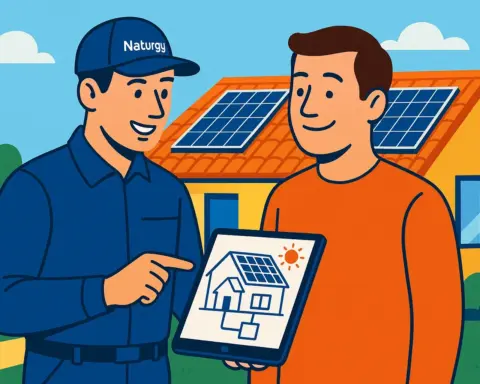 Ilustración de un técnico de Naturgy mostrando una tablet con el proyecto solar a un cliente, con la casa y las placas instaladas de fondo, simbolizando un servicio llave en mano.