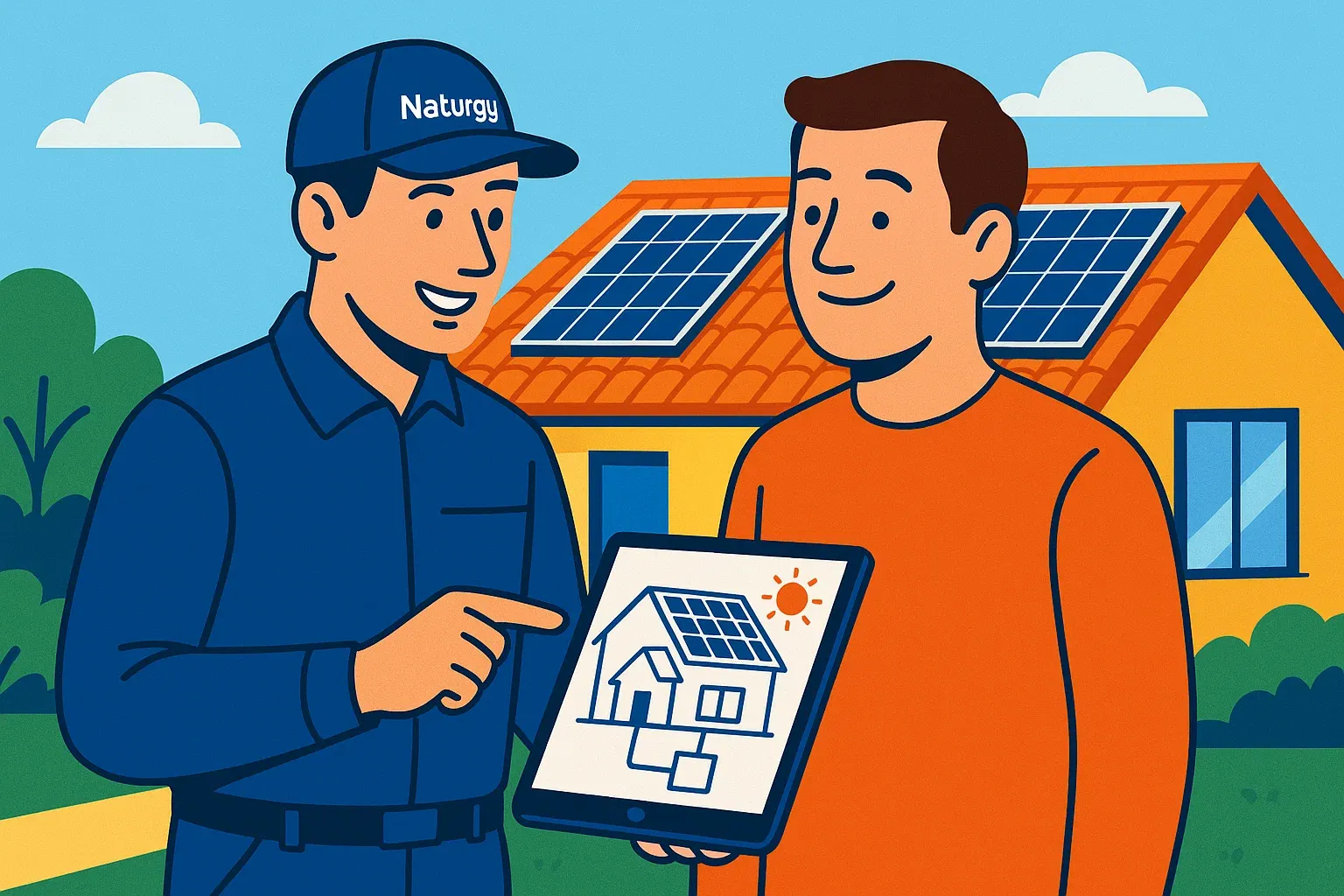 Ilustración de un técnico de Naturgy mostrando una tablet con el proyecto solar a un cliente, con la casa y las placas instaladas de fondo, simbolizando un servicio llave en mano.