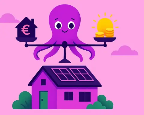 Ilustración del pulpo de Octopus Energy sosteniendo una balanza donde el ahorro de las placas solares equilibra el coste de la instalación, simbolizando su financiación "Octopoco".