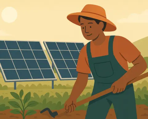 Agricultor trabajando el campo con paneles solares de fondo en un entorno rural soleado