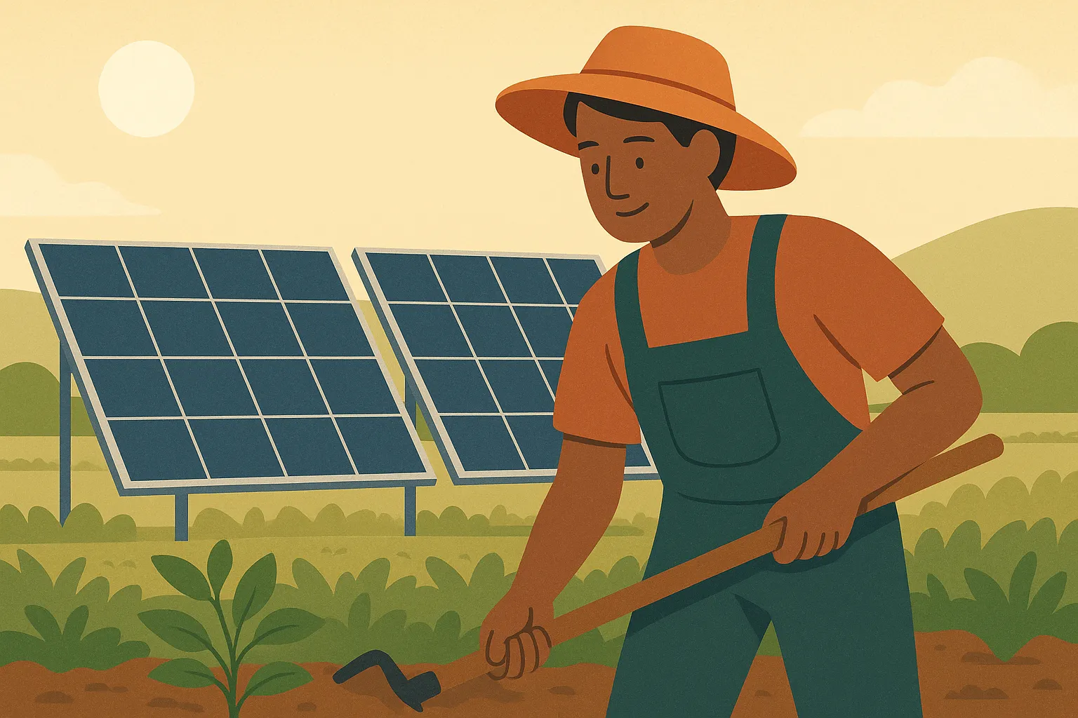 Agricultor trabajando el campo con paneles solares de fondo en un entorno rural soleado