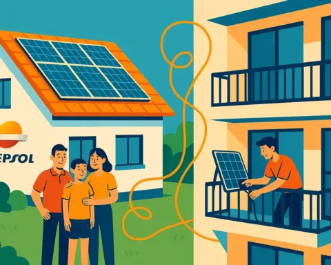 Ilustración comparativa del autoconsumo de Repsol: una casa con placas en el tejado y un piso con un kit solar en el balcón.