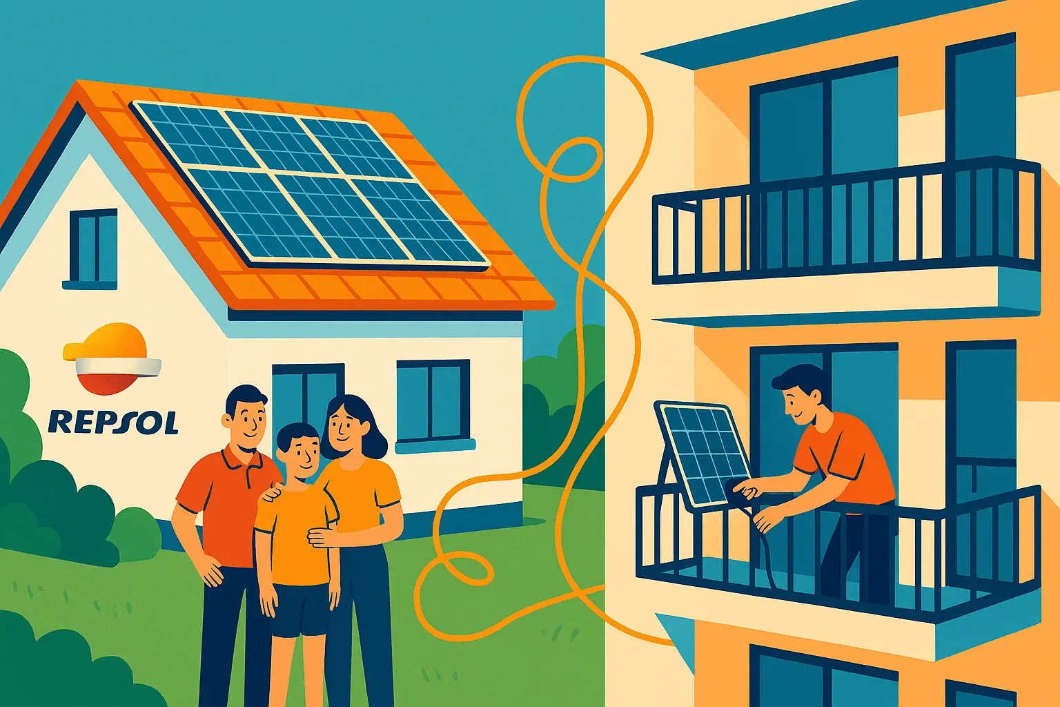 Ilustración comparativa del autoconsumo de Repsol: una casa con placas en el tejado y un piso con un kit solar en el balcón.