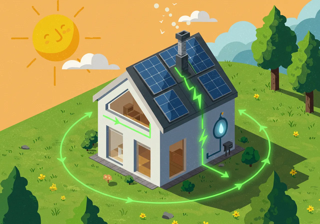 Ilustración de una casa pasiva eficiente con placas solares, donde la energía generada por el sol forma un ciclo perfecto para autoabastecer el bajo consumo del hogar.