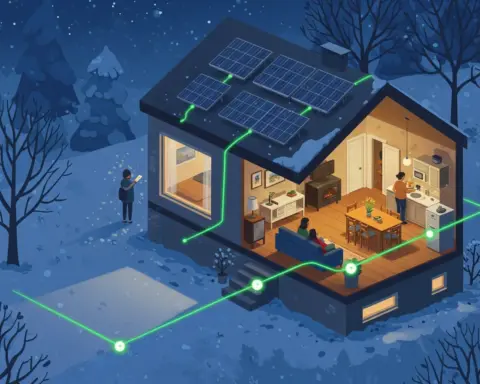 Ilustración de una casa con placas solares en invierno, mostrando cómo la energía solar abastece el interior cálido y confortable, simbolizando el autoconsumo invernal.